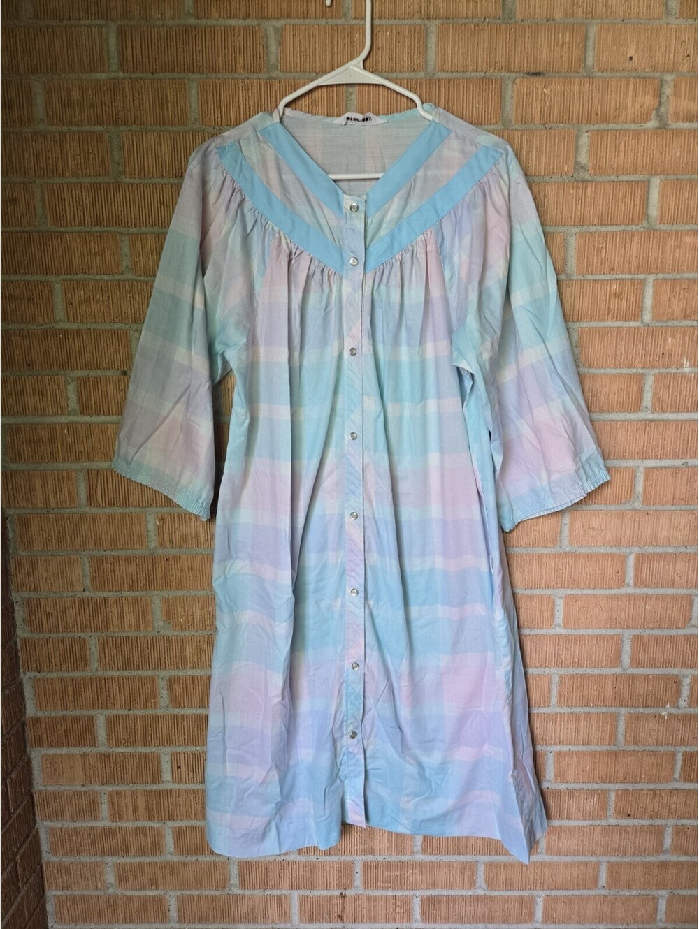 Vtg Models Coat House Dress Robe M L Pastel Plaid Seersucker Snap Front Duster